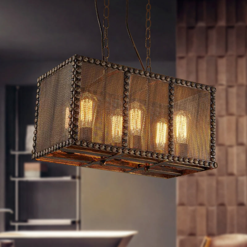 Antique Style 6-Light Rust Rectangle Chandelier With Mesh Screen And Rivets - Indoor Ceiling Fixture