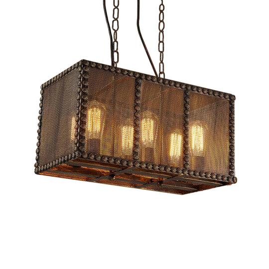 Antique Style Rectangle Cage Metal Chandelier: Rustic 6-Light Ceiling Fixture with Mesh Screen and Rivets