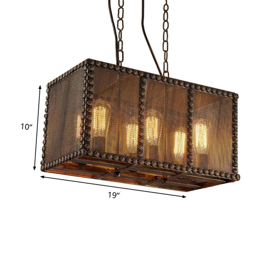 Antique Style 6-Light Rust Rectangle Chandelier With Mesh Screen And Rivets - Indoor Ceiling Fixture