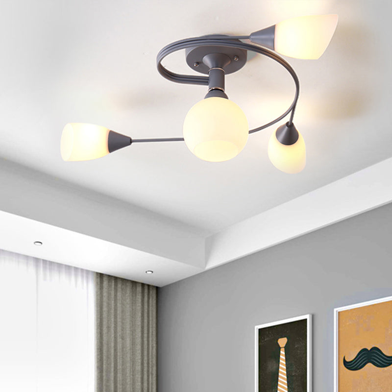 Curly Nordic Iron Semi Flush Mount Ceiling Light With Glass Shades In Grey/Pink/Yellow - 4/6-Head