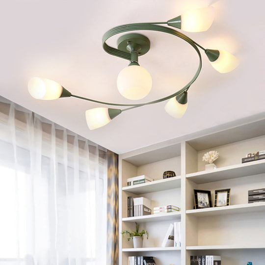 Curly Semi Flush Mount Ceiling Lamp with Nordic Iron & White Glass Shade - 4/6 Head Options in Grey, Pink, or Yellow