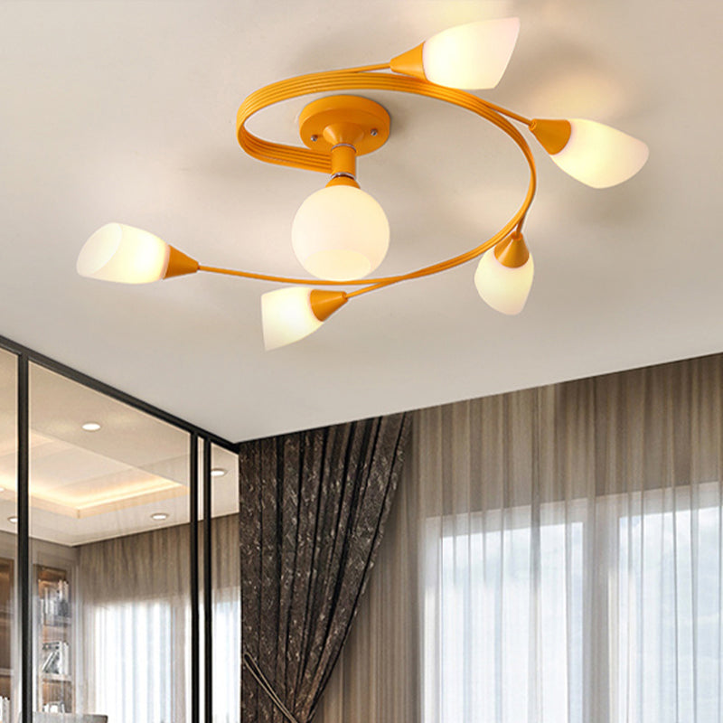 Curly Semi Flush Mount Ceiling Lamp with Nordic Iron & White Glass Shade - 4/6 Head Options in Grey, Pink, or Yellow