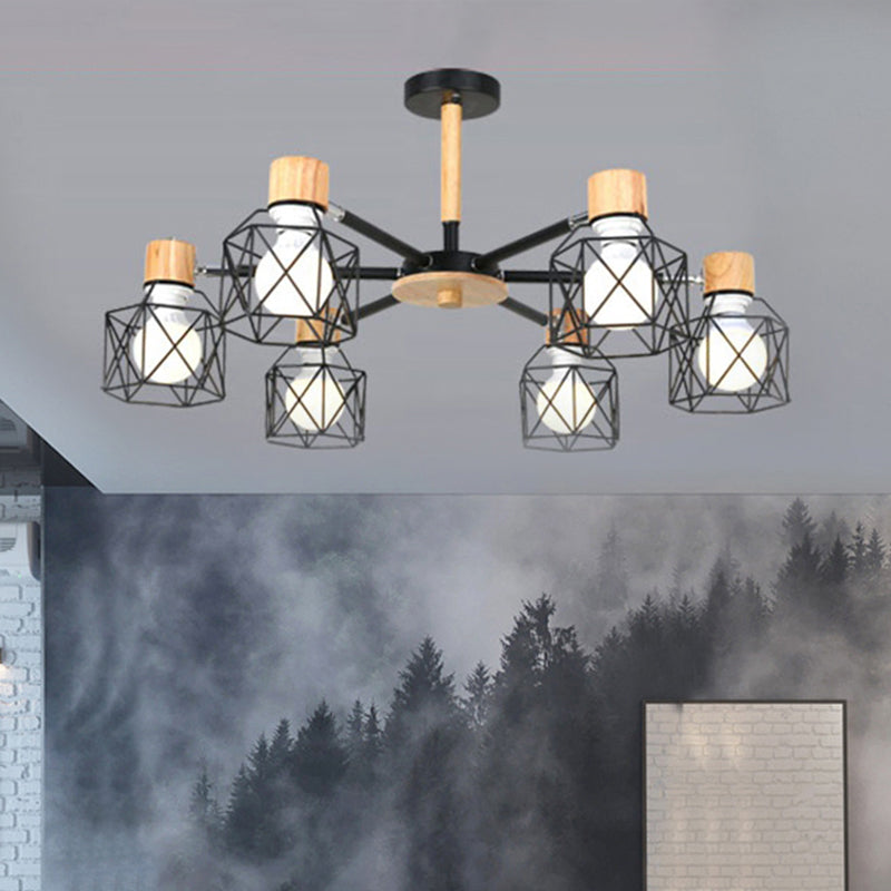 Nordic Iron Cage Semi-Flush Lamp with 3/6/8-Head Black/Green/Gold Pendant Lighting for Ceiling