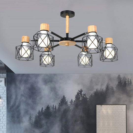 Nordic Iron Cage Semi-Flush Lamp with 3/6/8-Head Black/Green/Gold Pendant Lighting for Ceiling