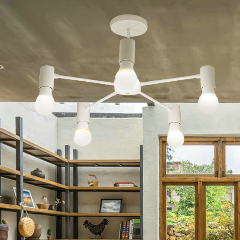 Industrial Style Semi Flush Ceiling Light with Open Bulb, Available in Black/White - 3 or 5 Heads