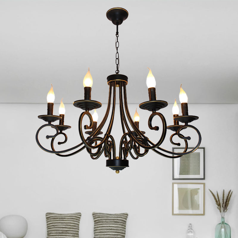 Vintage Exposed Candle Chandelier With Iron Hanging Ceiling Light - 6/8 Heads In Black