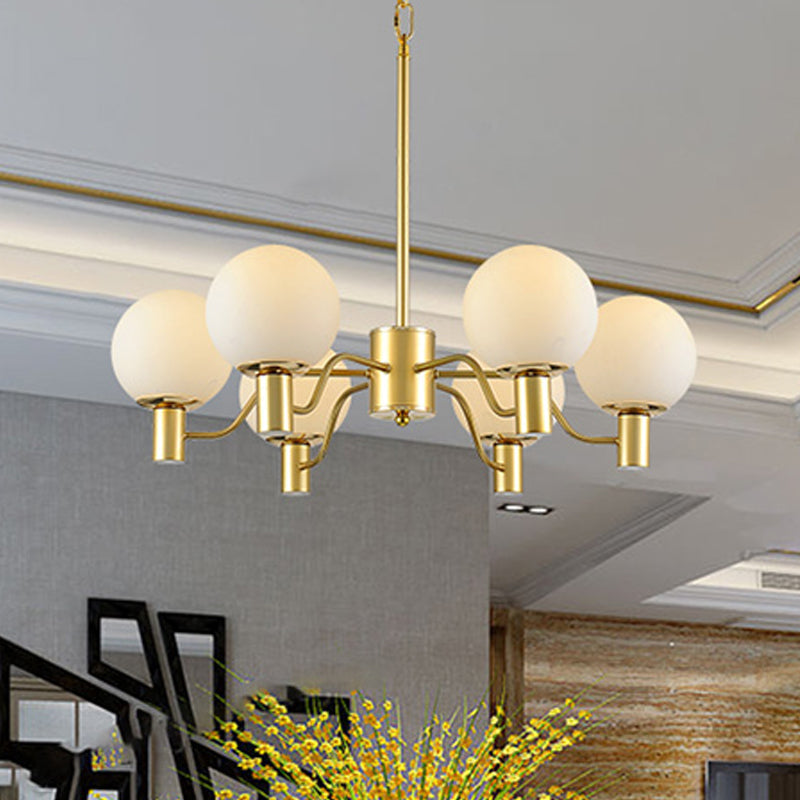 Contemporary Radial White Glass Chandelier With Gold Finish - Stunning Ball Shade Hanging Light