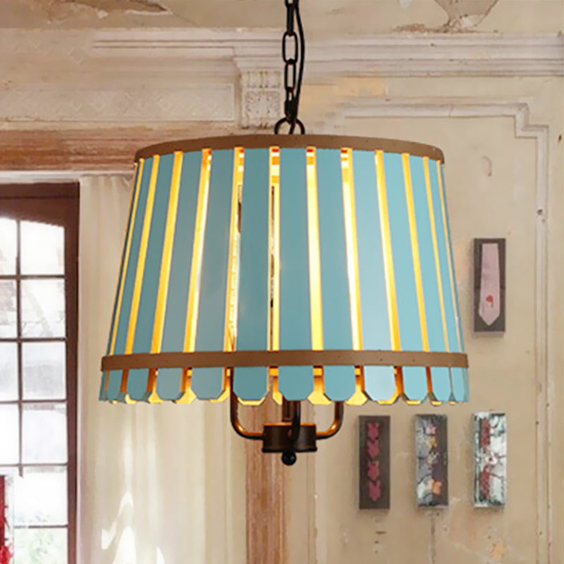 Modern Wooden Chandelier Light Fixture - 12.5/16.5 Wide Slatted Design 3 Lights Blue/Green/Wood