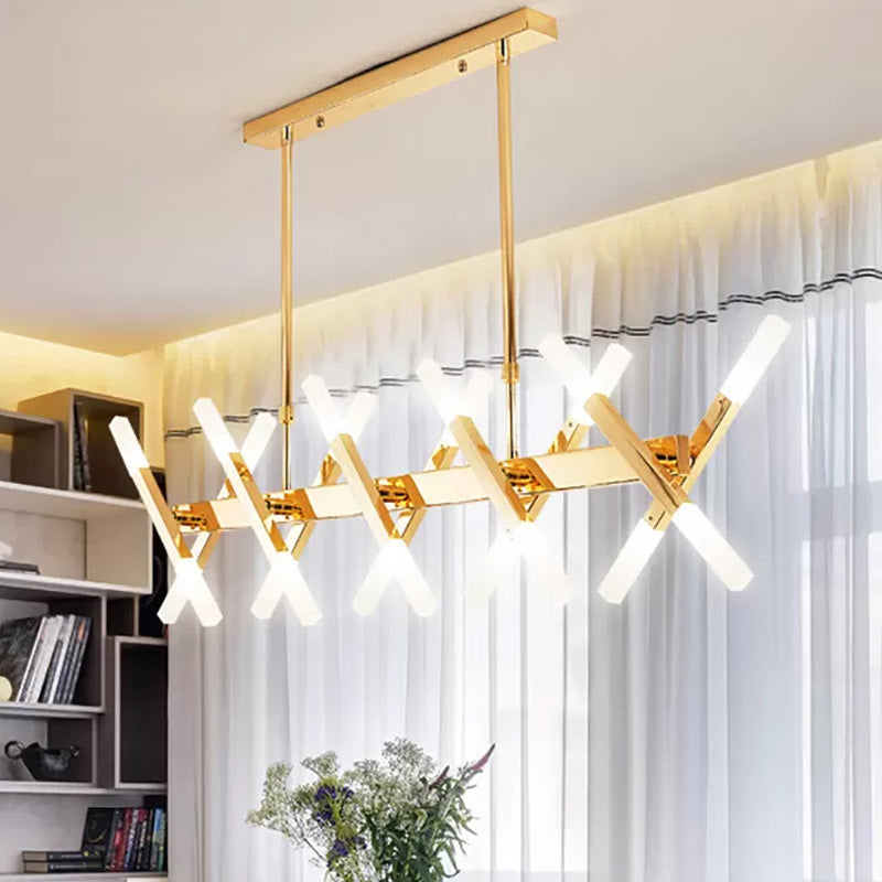 Contemporary Black/Gold Island Pendant Light With Cross Iron Shade - Perfect For Living Room