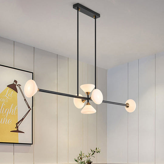 Contemporary 6/10-Head Led Island Pendant Light With White Glass Shades - Black Linear Ceiling