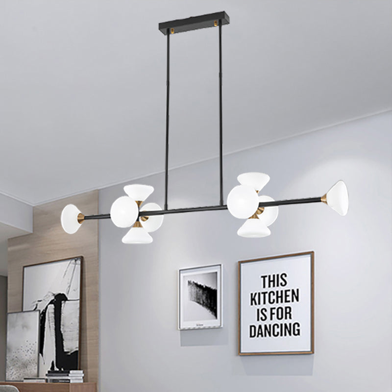 Contemporary 6/10-Head Led Island Pendant Light With White Glass Shades - Black Linear Ceiling