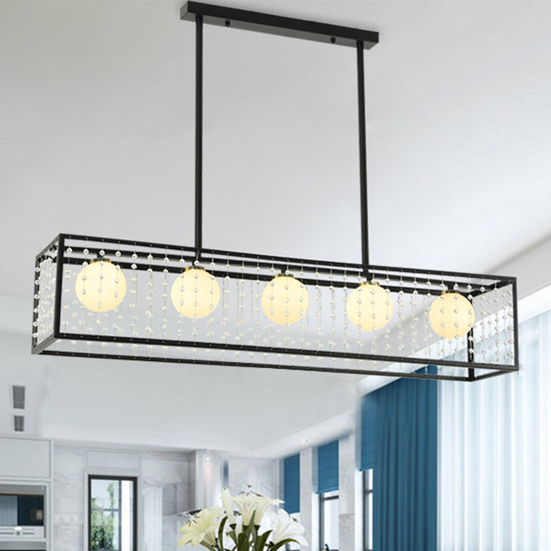 Modern 5-Head Black Island Light With White Glass And Crystal Shade