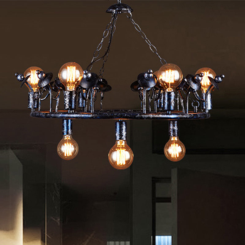 Rustic Black Metal Round Chandelier Pendant Light With Multiple Open Bulbs