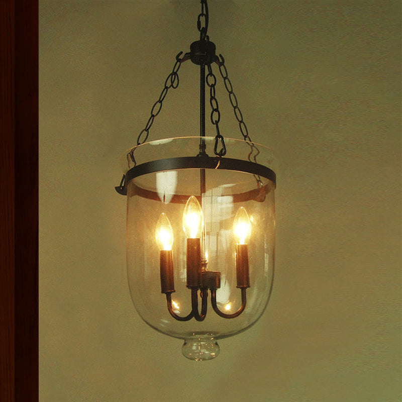 Industrial Clear Glass Pendant Chandelier With Chain - 3-Light Black Hanging Fixture