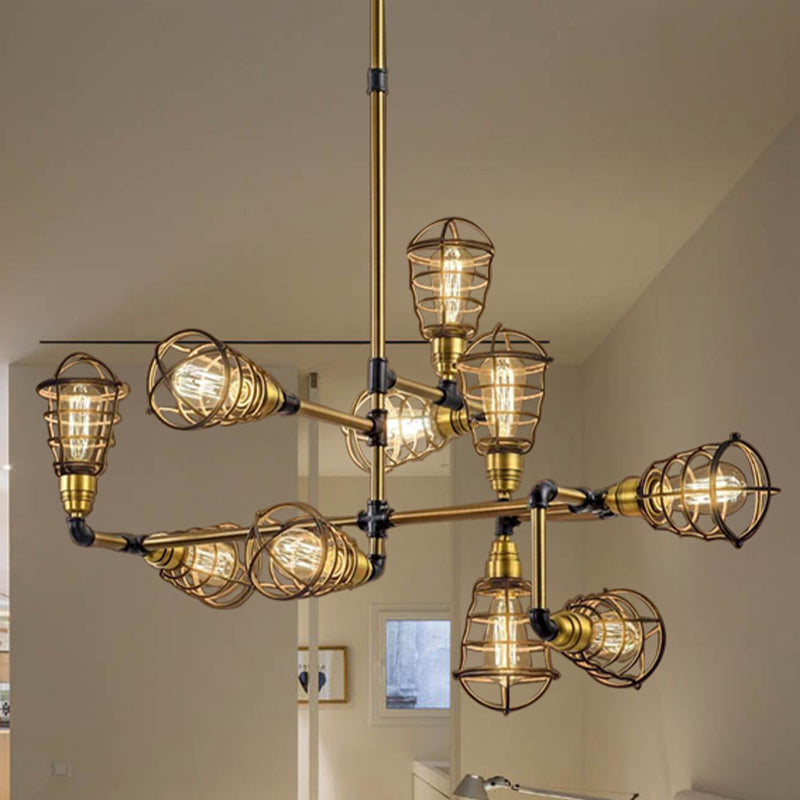 Vintage Loft Brushed Brass Metallic Pendant Lamp with Multi Light Caged Chandelier Design