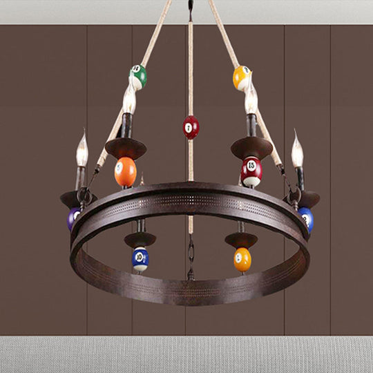 Industrial Ring Chandelier with Rustic Rope and Billiard Ball Deco - 6 Bulbs Metallic Pendant Light Fixture