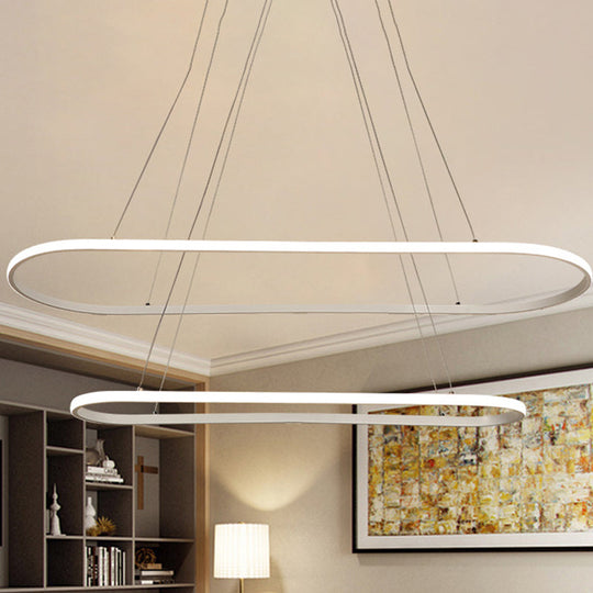 Modern White Led Pendant Light Fixture - Oval Kitchen Chandelier With Aluminum Frame And