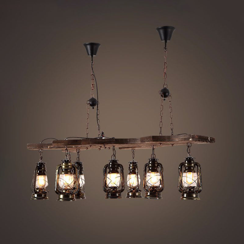 Vintage Industrial 8-Light Linear Chandelier With Lantern Shade In Antique Brass