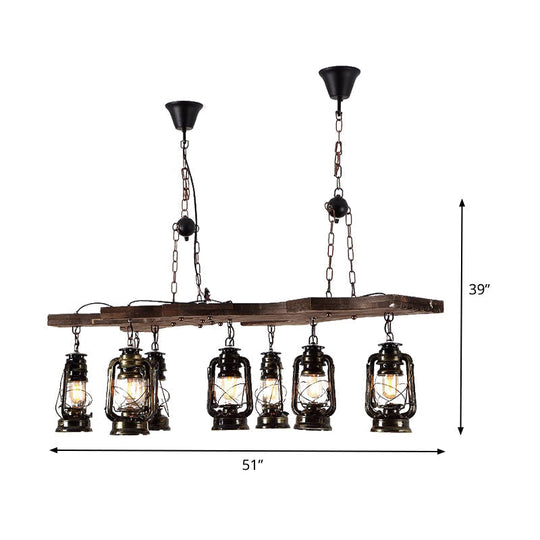 Vintage Industrial 8-Light Linear Chandelier With Lantern Shade In Antique Brass