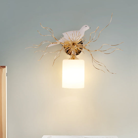 1-Head White Glass Wall Lamp For Bedroom - Loft Cylinder Lighting With Bird Accent