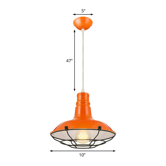 Industrial Metal Pendant Light Fixture with Wire Guard - Orange/Blue/Green Bowl Design - 10"/14"/18" Dia - Ideal for Dining Rooms