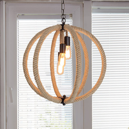 Retro Style Hemp Rope Hallway Chandelier - 3-Light Beige Ceiling Lamp