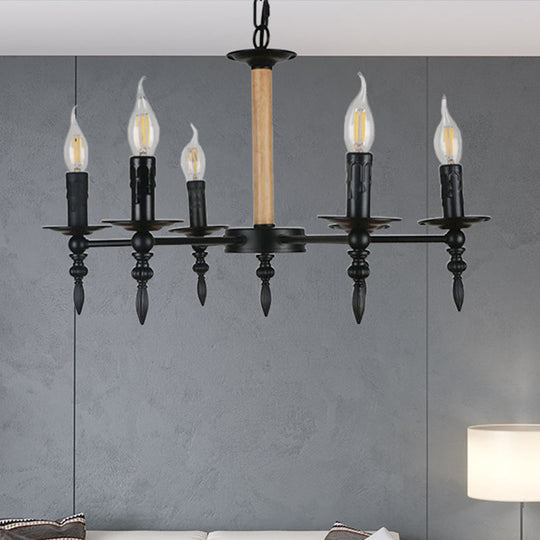 Black Finish Candle Chandelier - Antique Metal/Wood, 6 Heads - Restaurant Pendant Light