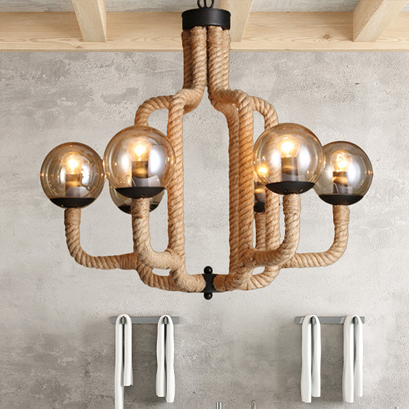 Caged Vintage Pendant Light With Glass Ball Shade - 6-Light Brown Rope Restaurant Chandelier