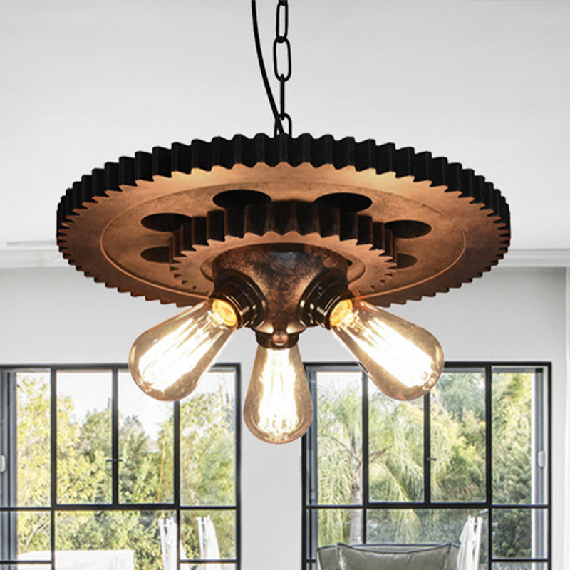 Retro Industrial 3-Head Pendant Light with Dark Rust Finish - Exposed Bulbs, Metal Construction, and Gear Decoration - Ideal for Restaurants' Chandelier Lighting