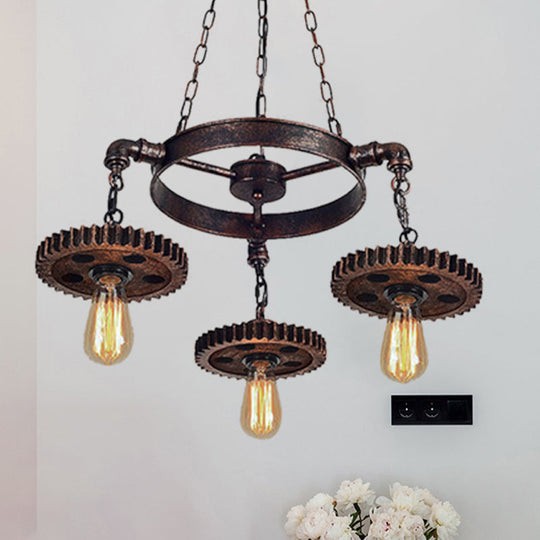 Industrial 3-Head Rust Pendant Light With Exposed Bulbs And Gear Decoration For Restaurants