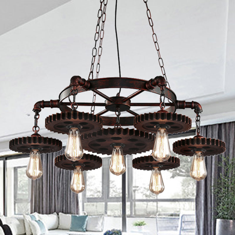 Wrought Iron Chandelier Light With Retro Design - 7 Heads Pendant Lamp For Living Room Decor In Rust