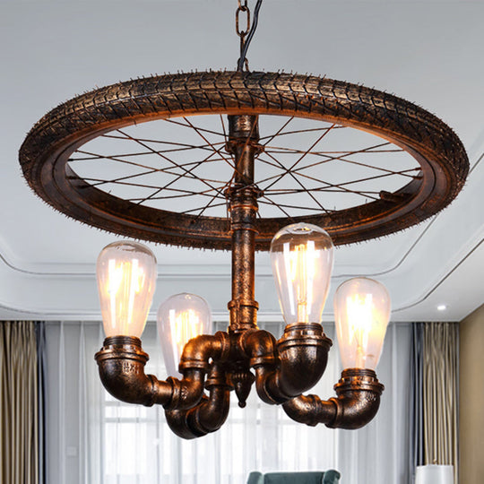 Vintage Metal Chandelier - 4 Lights Rust Pendant Light with Pipe, Wheel Design for Living Room