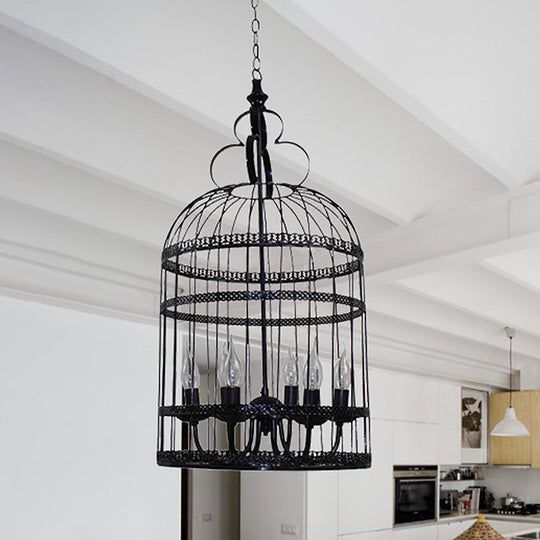 Industrial Style Bird Cage Hanging Light with Candle - Black Metallic Chandelier Lamp for Bedroom - 3/6 Bulbs