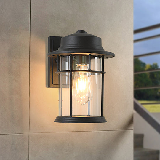 Black Industrial Sconce Light With Clear Glass Cylinder And Rectangle/Round Backplate