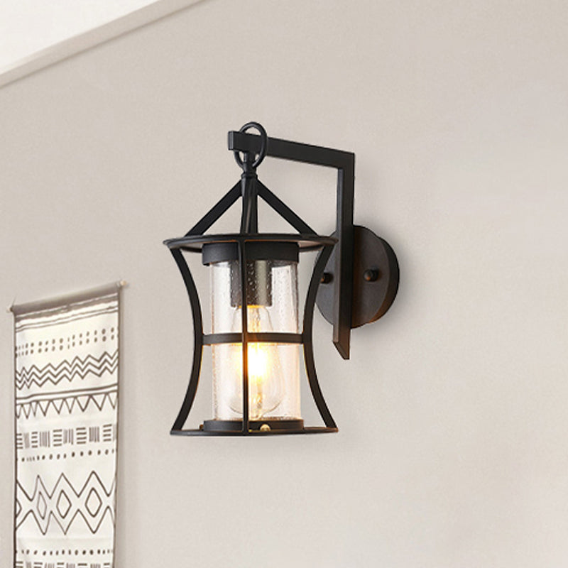 Black Industrial Sconce Light With Clear Glass Cylinder And Rectangle/Round Backplate