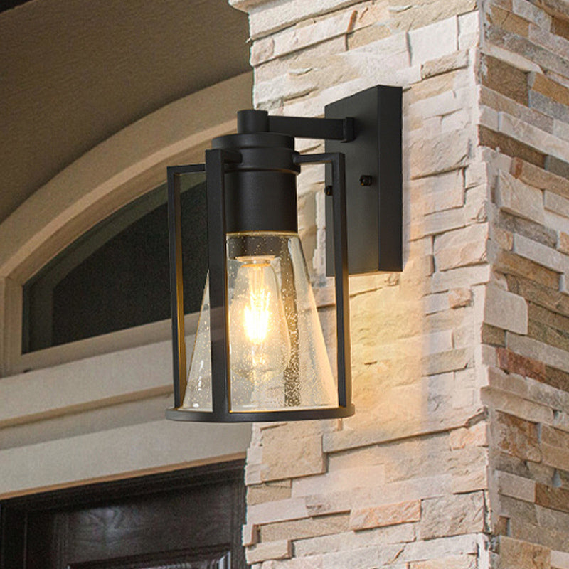 Industrial Black Sconce With Seeded Glass And Metal Cage