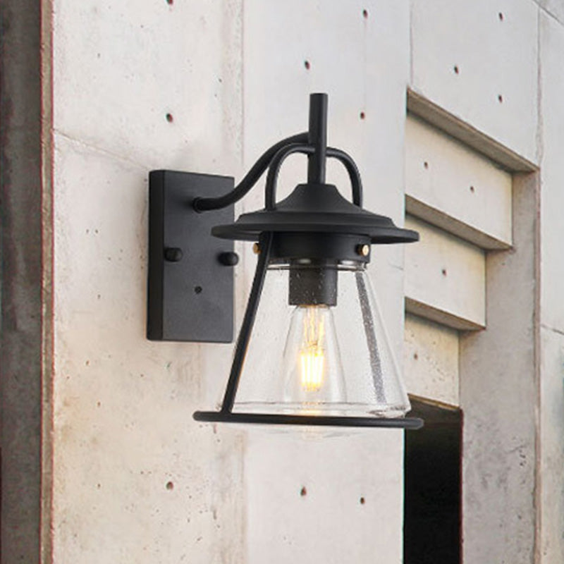 Industrial Black Wall Sconce With Seeded Glass And Cone Shade - Outdoor Lighting