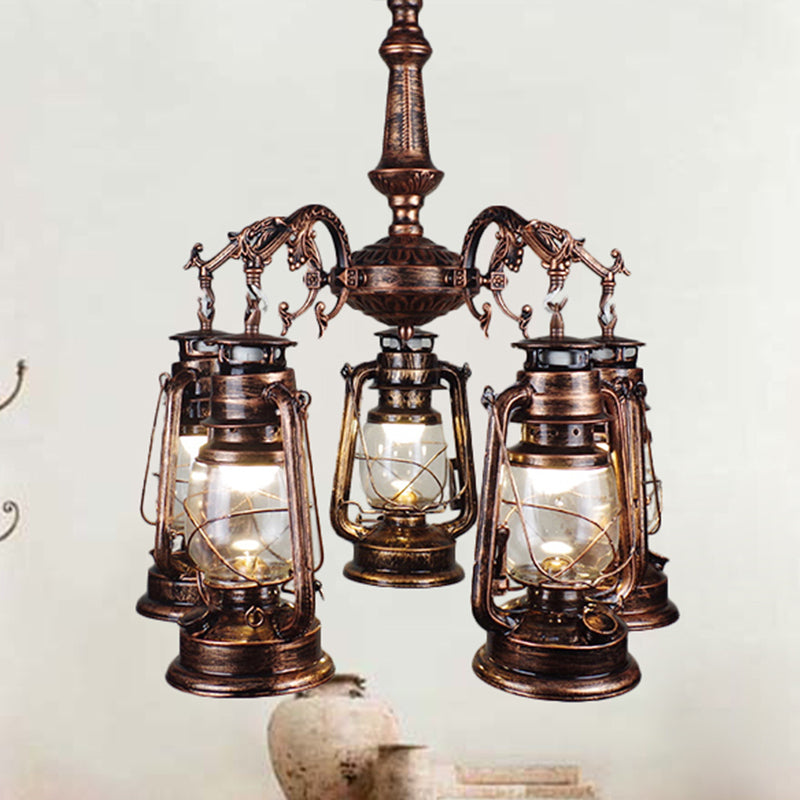 Antique Bronze/Copper Kerosene Pendant Chandelier with Clear Glass - 5 Lights Stylish Ceiling Fixture for Dining Room