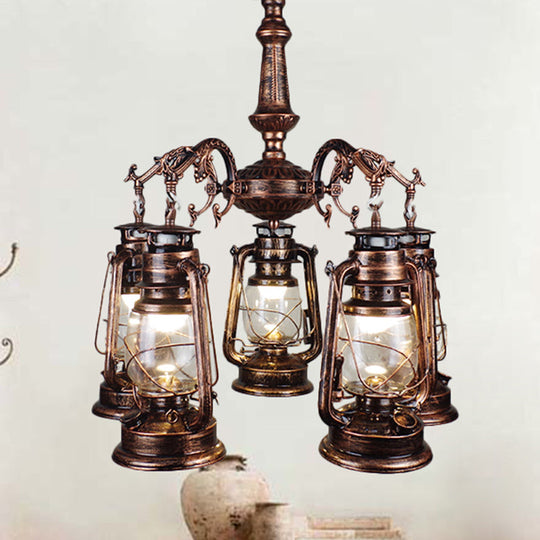 Antique Bronze/Copper Glass Pendant Chandelier - 5 Lights Stylish Kerosene-Inspired Fixture For