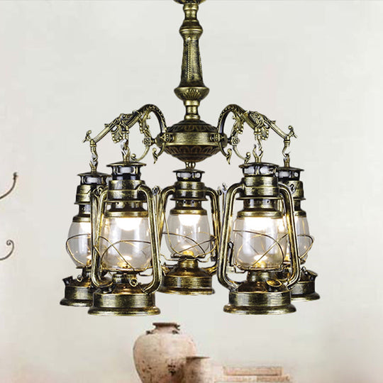 Antique Bronze/Copper Kerosene Pendant Chandelier with Clear Glass - 5 Lights Stylish Ceiling Fixture for Dining Room