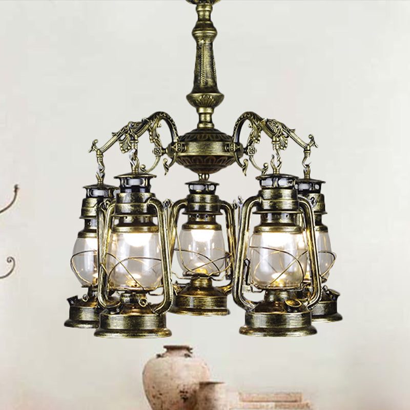 Antique Bronze/Copper Glass Pendant Chandelier - 5 Lights Stylish Kerosene-Inspired Fixture For