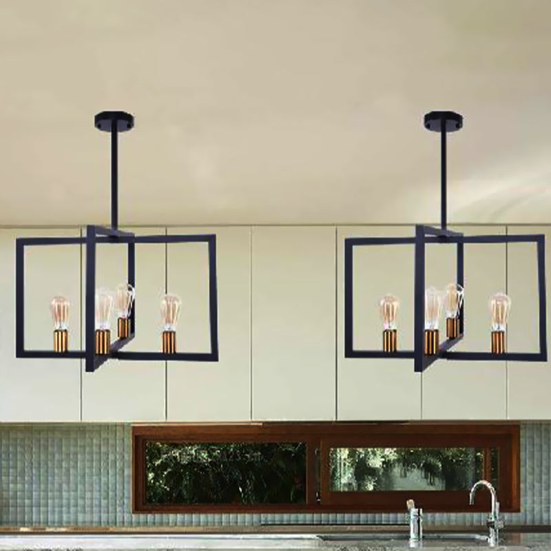 Industrial 4-Light Rectangular Pendant Lighting in Black for Kitchen