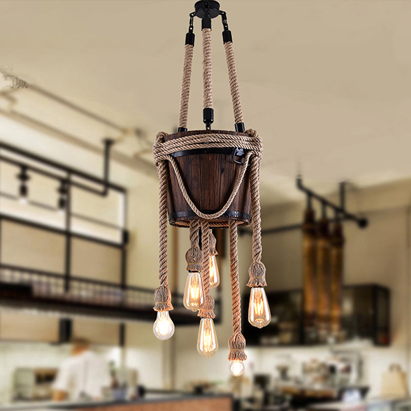 Antique Hanging Chandeliers: Wood Bucket Design With Six Lights Hemp Rope Brown - Ideal For Balcony