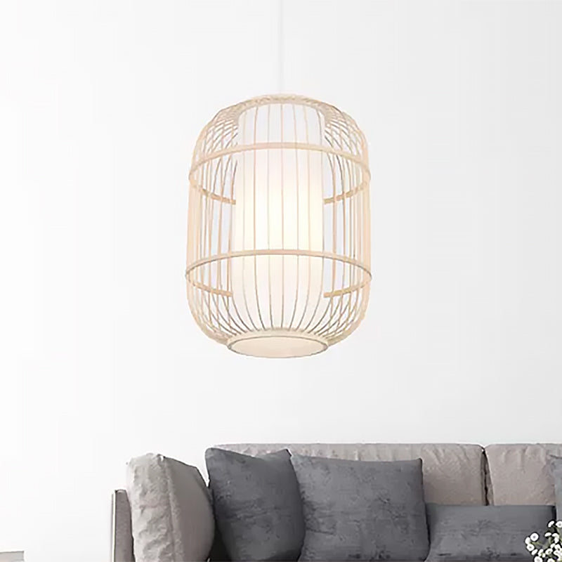 Bamboo Hanging Lamp With Asian-Inspired Cylinder Shade For Living Room Ceiling In Beige - 1 Head