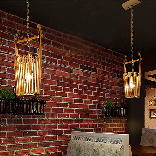 Restaurant Pendant Lighting With Bamboo Shade - Lodge Style Beige Ceiling Light Fixture