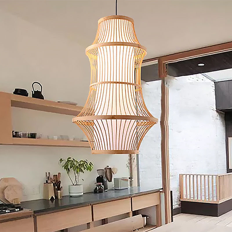 Modernist Beige Pendant Lamp With Bamboo Cage-Like Shade - 1 Light Restaurant Hanging