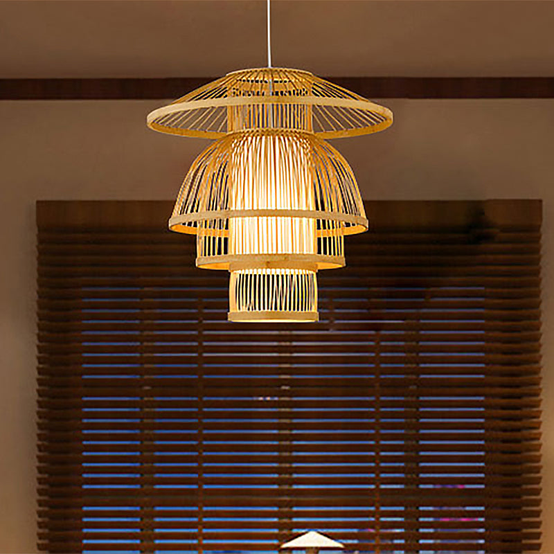 Asian Bamboo Pendant Light - Tiered Dining Room Lamp In Beige