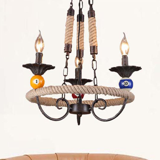 Industrial Metal Chandelier With Roped Ring Bar And Billiard Ball Décor - 3/6 Lights Rust Hanging