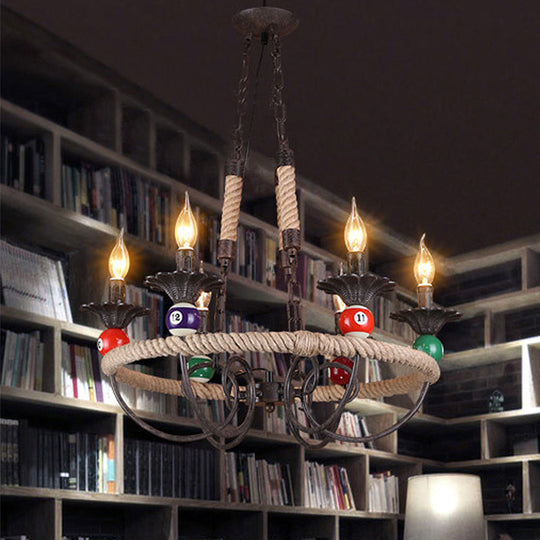 Industrial Metal Chandelier With Roped Ring Bar And Billiard Ball Décor - 3/6 Lights Rust Hanging