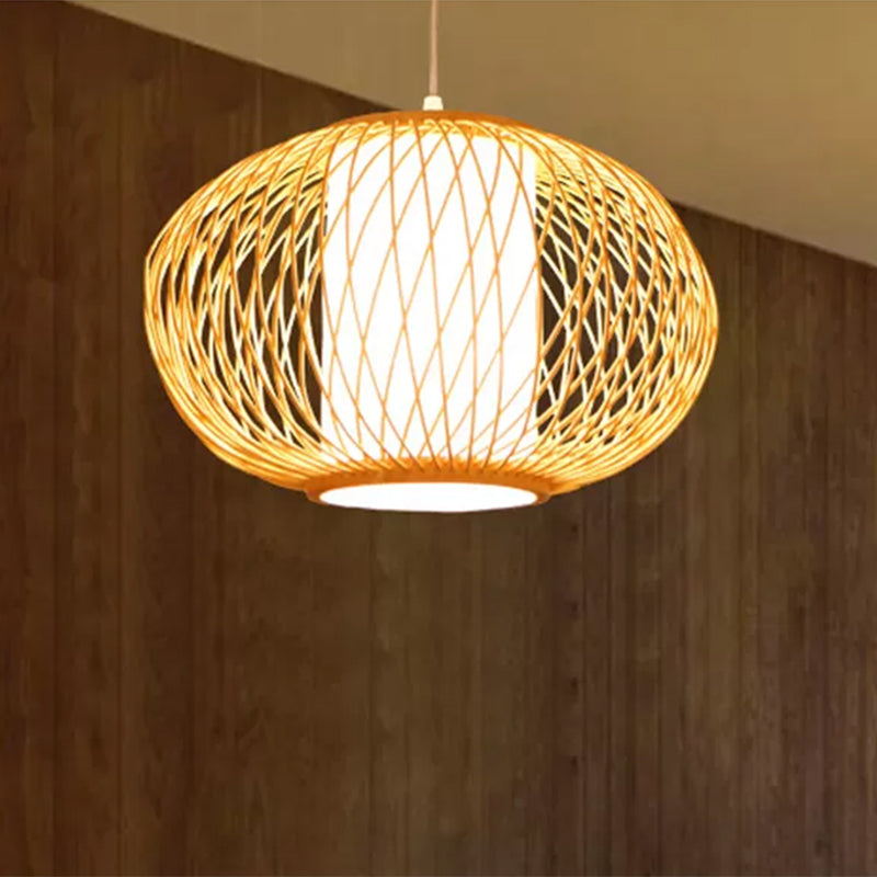 Modern Beige Hand-Knitted Hanging Bamboo Ceiling Lamp With Drum Shade - Perfect For Dining Room